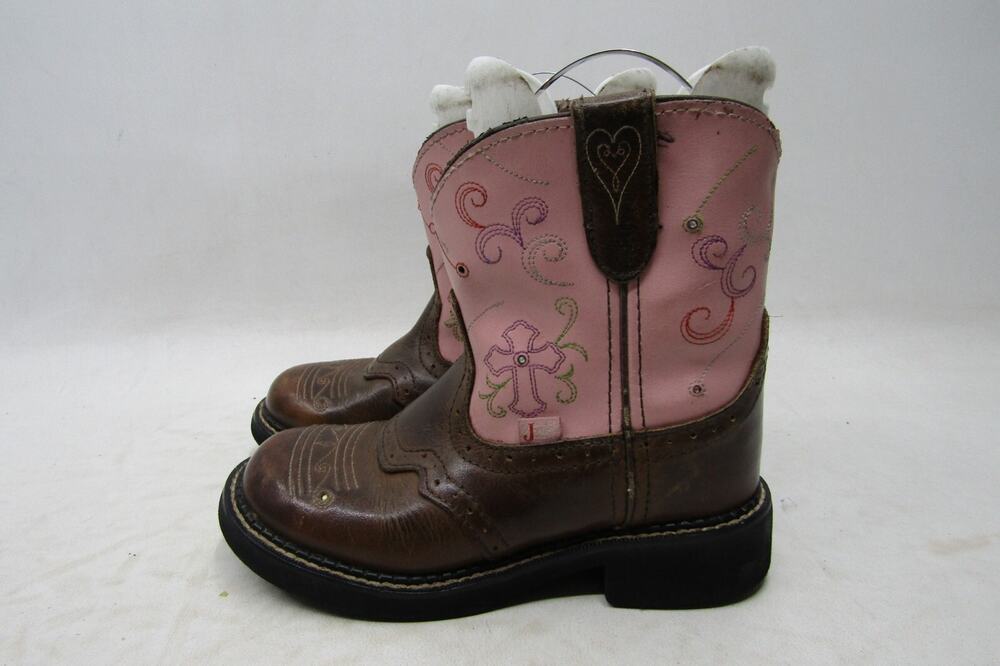 Justin Youth Size 1 D Pink Brown Leather Stockman Cowboy Boots